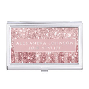 Pink Rose Gold Glitter and Sparkle Monogram Business Card Holder