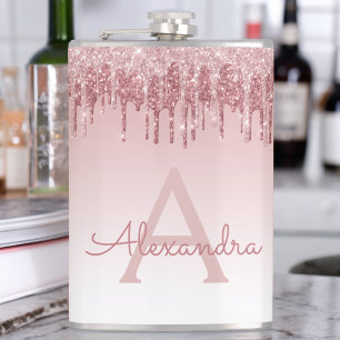 Pink Rose Gold Glitter and Sparkle Monogram Hip Flask