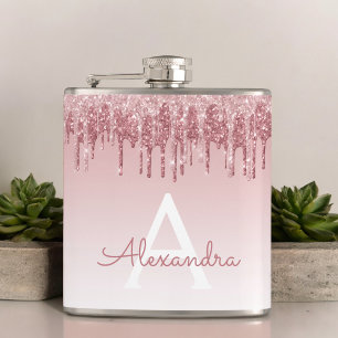 Pink Rose Gold Glitter and Sparkle Monogram Hip Flask