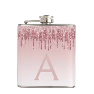 Pink Rose Gold Glitter and Sparkle Monogram Hip Flask