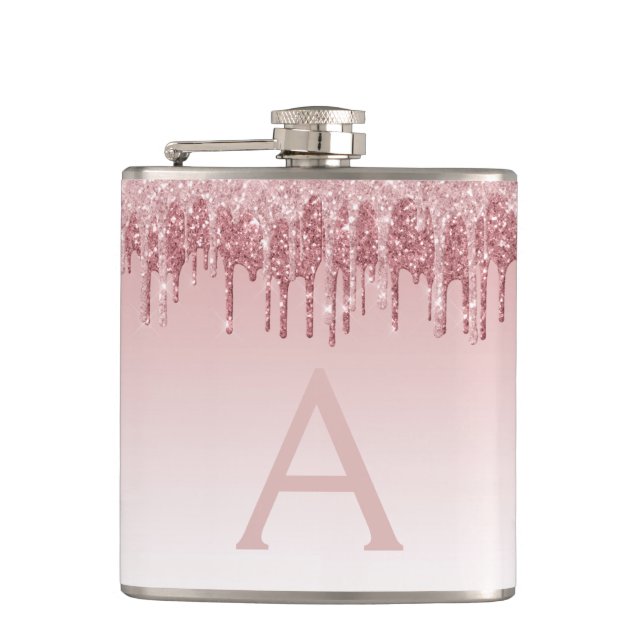 Pink Rose Gold Glitter and Sparkle Monogram Hip Flask (Front)