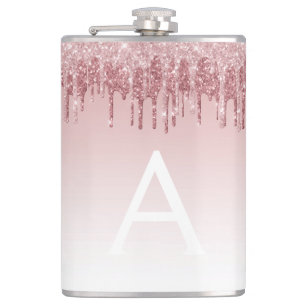 Pink Rose Gold Glitter and Sparkle Monogram Hip Flask