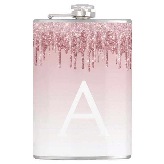 Pink Rose Gold Glitter and Sparkle Monogram Hip Flask (Front)