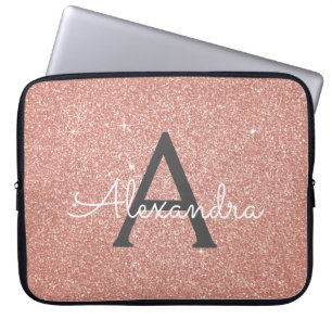 Pink Rose Gold Glitter and Sparkle Monogram Laptop Sleeve