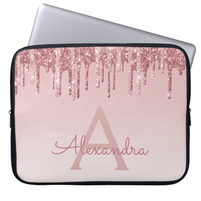 Pink Rose Gold Glitter and Sparkle Monogram Laptop Sleeve (Front)