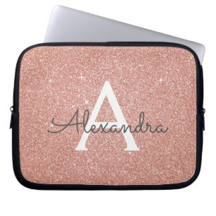 Pink Rose Gold Glitter and Sparkle Monogram Laptop Sleeve