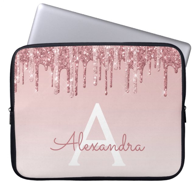 Pink Rose Gold Glitter and Sparkle Monogram Laptop Sleeve (Front)