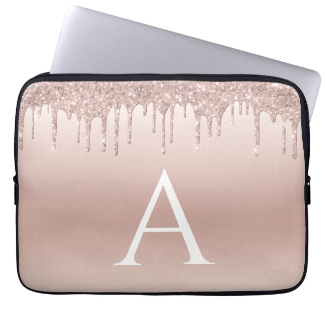 Pink Rose Gold Glitter and Sparkle Monogram Laptop Sleeve (Front)