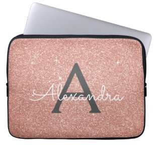 Pink Rose Gold Glitter and Sparkle Monogram Laptop Sleeve