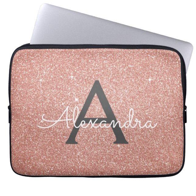 Pink Rose Gold Glitter and Sparkle Monogram Laptop Sleeve (Front)