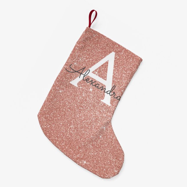 Pink Rose Gold Glitter and Sparkle Monogram Small Christmas Stocking (Front (Hanging))