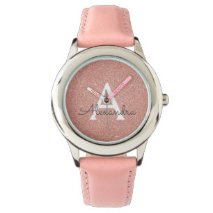 Pink Rose Gold Glitter and Sparkle Monogram Watch