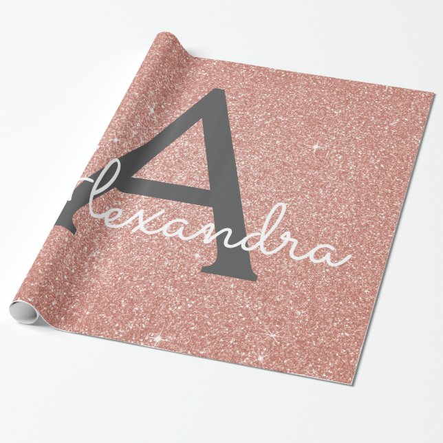 Pink Rose Gold Glitter and Sparkle Monogram Wrapping Paper (Unrolled)