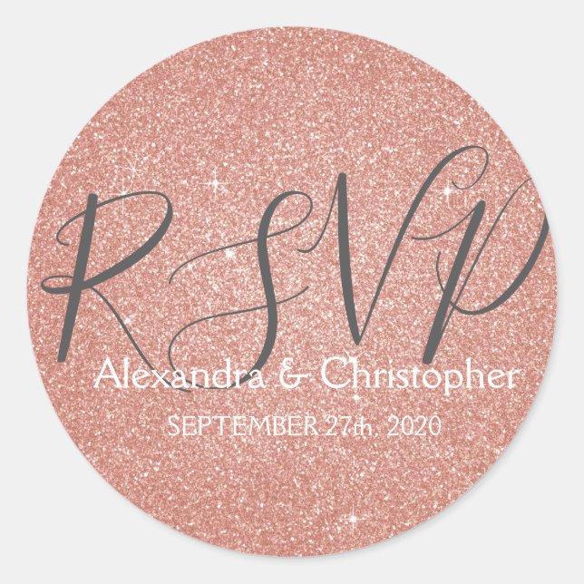 Pink Rose Gold Glitter and Sparkle RSVP Classic Round Sticker (Front)