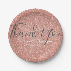 Pink Rose Gold Glitter and Sparkle Thank You Paper Plate