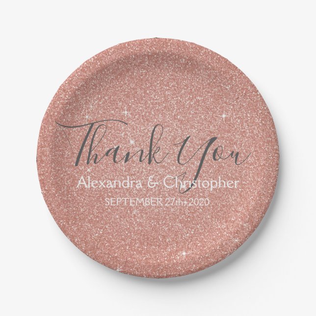 Pink Rose Gold Glitter and Sparkle Thank You Paper Plate (Front)