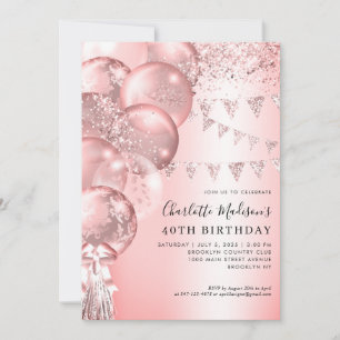 Pink Rose Gold Glitter Balloon Any Age Birthday Invitation
