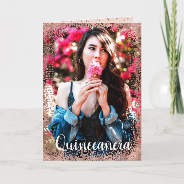 Pink Rose Gold Glitter Banner Photo Quinceañera Invitation (Front)