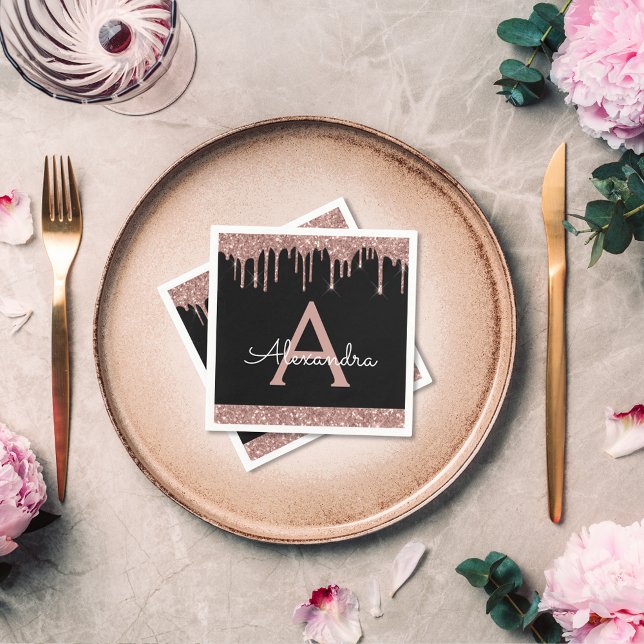Pink Rose Gold Glitter Black Monogram Birthday Napkin (Creator Uploaded)
