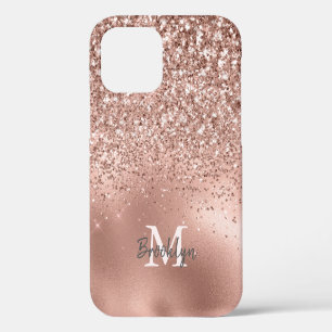 Pink Rose Gold Glitter Confetti Modern Monogrammed iPhone 12 Case
