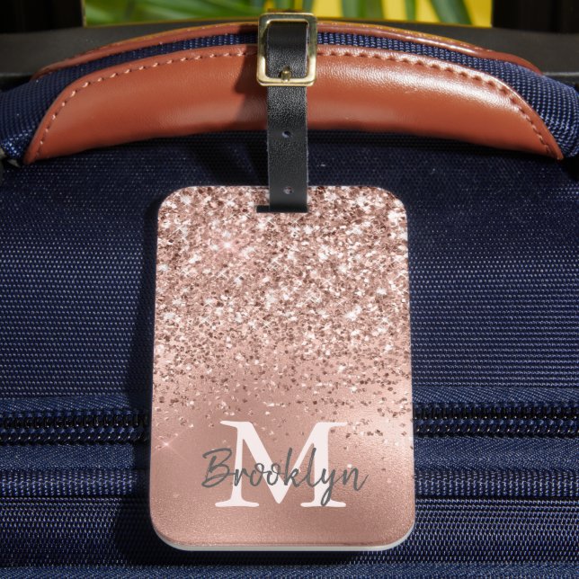 Pink Rose Gold Glitter Confetti Monogram Initial Luggage Tag (Front Insitu 2)