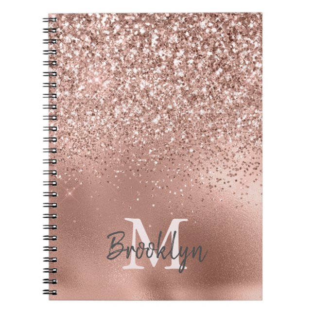 Pink Rose Gold Glitter Confetti Monogram Initial Notebook (Front)