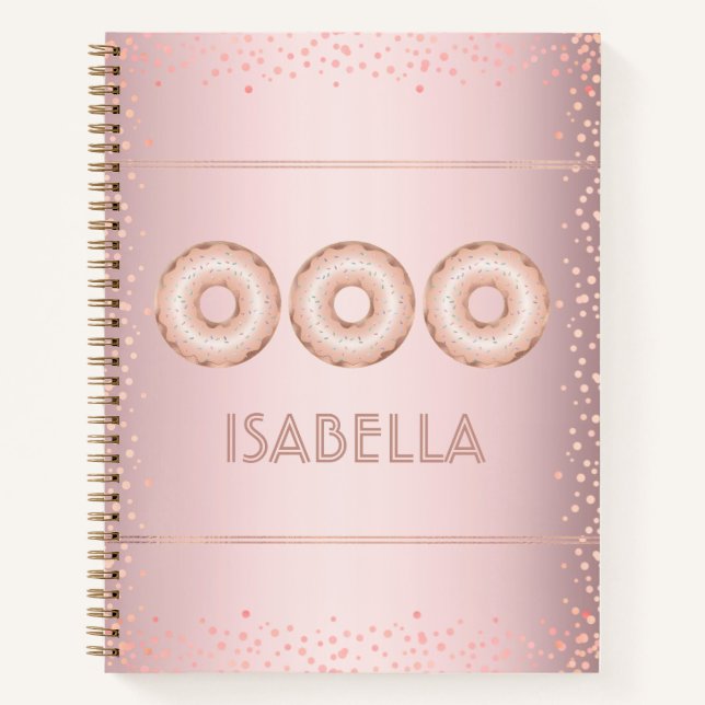 Pink rose gold glitter doughnuts name modern girly notebook (Front)