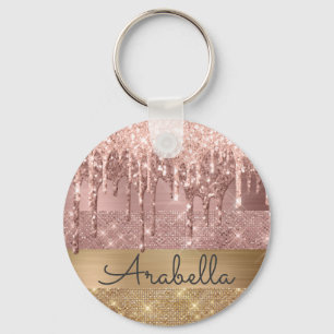 Pink Rose Gold Glitter Dripping Stripes Monogram Key Ring