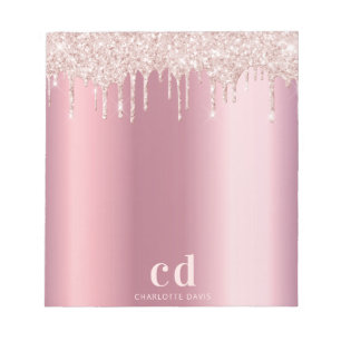 Pink rose gold glitter drips glam monogram notepad
