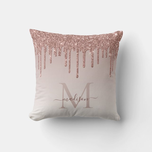 Pink Rose Gold Glitter Drips Glam Monogram Script Cushion (Front)