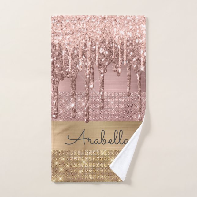 Pink Rose Gold Glitter Drips Gold Sripes Name Hand Towel (Hand Towel)
