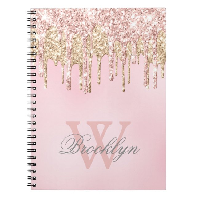 Pink Rose Gold Glitter Drips Name Monogrammed Notebook (Front)