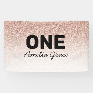 Pink Rose Gold Glitter First Birthday One Name Banner