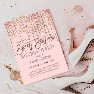 Pink Rose Gold Glitter Fringe Curtain Sweet 16 Invitation