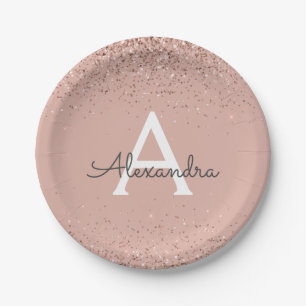 Pink Rose Gold Glitter Girly Monogram Birthday Paper Plate
