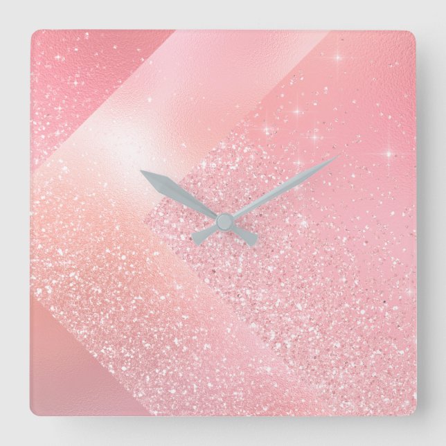 Pink Rose Gold Glitter Glass Grey Abstract Square Wall Clock (Front)