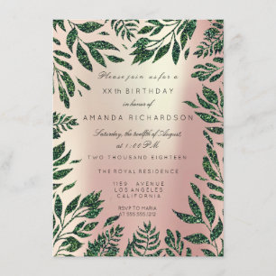 Pink Rose Gold Glitter Leafs Floral Frame Green Invitation