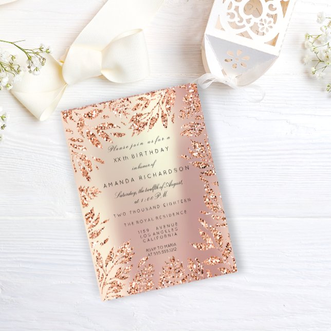 Pink Rose Gold Glitter Leafs Floral Frame Pearly Invitation (Pink Rose Gold Glitter Leafs Floral Frame Pearly Invitation)