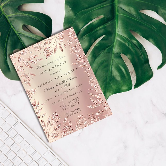 Pink Rose Gold Glitter Leafs Floral Frame Pearly Invitation (Pink Rose Gold Glitter Leafs Floral Frame Pearly Invitation)