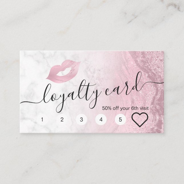 Pink rose gold glitter lips marble makeup artist loyalty card (Front)