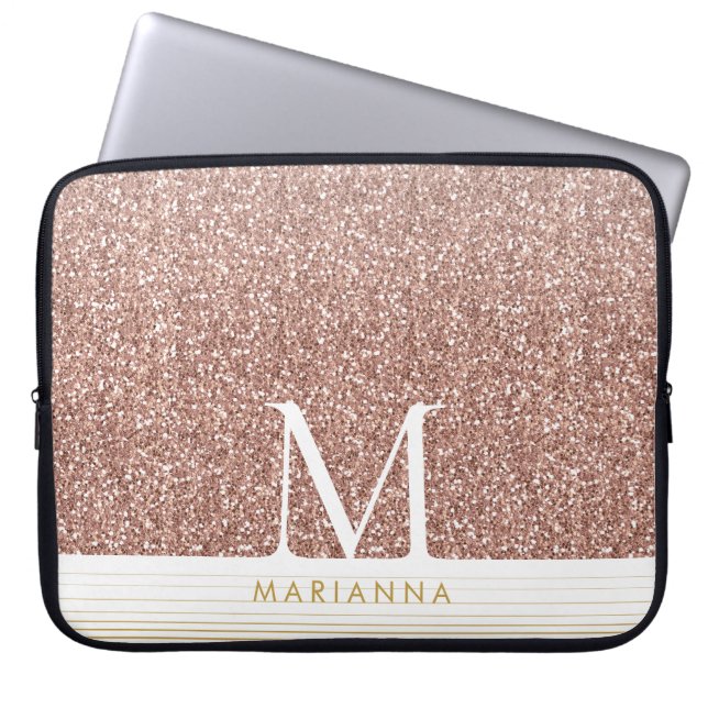 Pink Rose Gold Glitter Modern Monogram Laptop Sleeve (Front)