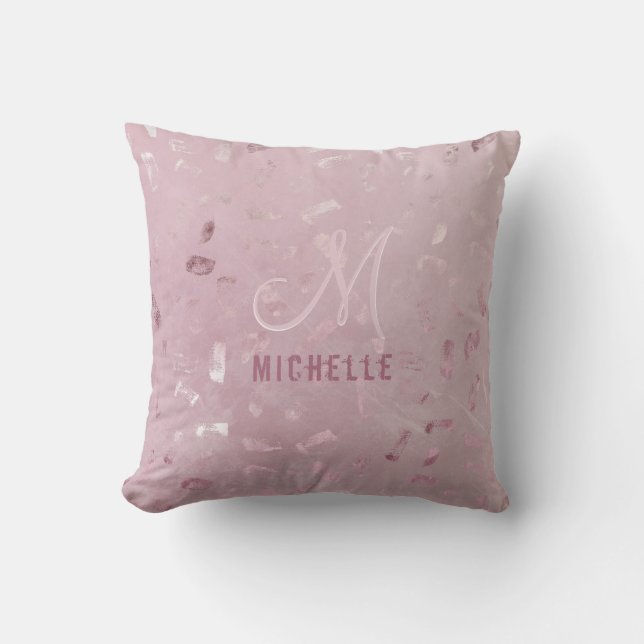 Pink Rose Gold Glitter Monogram Name Michelle Cushion (Front)