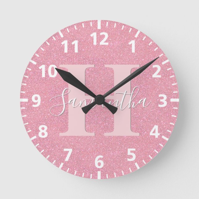 Pink rose gold glitter monogram name round clock (Front)