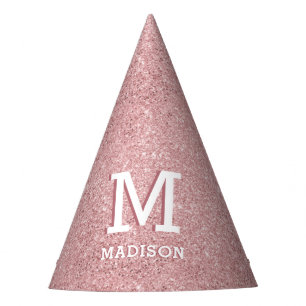 Pink Rose Gold Glitter Name and Monogram Party Hat