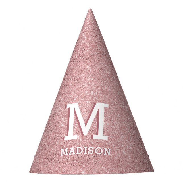 Pink Rose Gold Glitter Name and Monogram Party Hat (Front)
