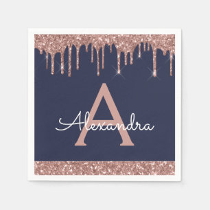 Pink Rose Gold Glitter Navy Blue Monogram Birthday Napkin