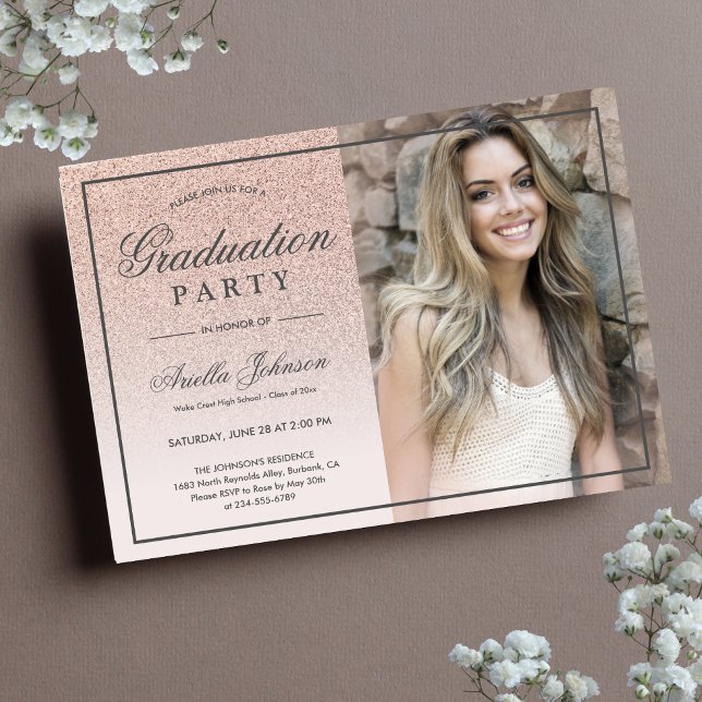 Pink Rose Gold Glitter ombre Graduation Party Invitation (Rose Gold Graduation Party Invitation)