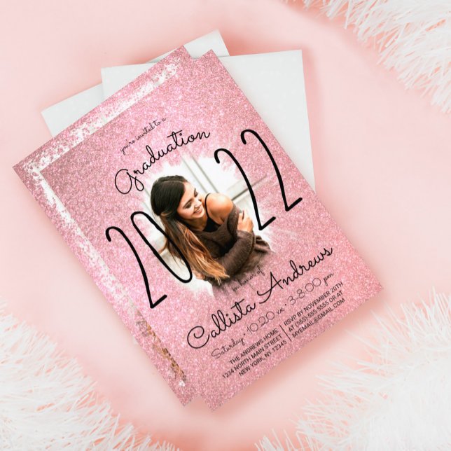 Pink Rose Gold Glitter Ombre Halo Photo Graduation Invitation (Creator Uploaded)