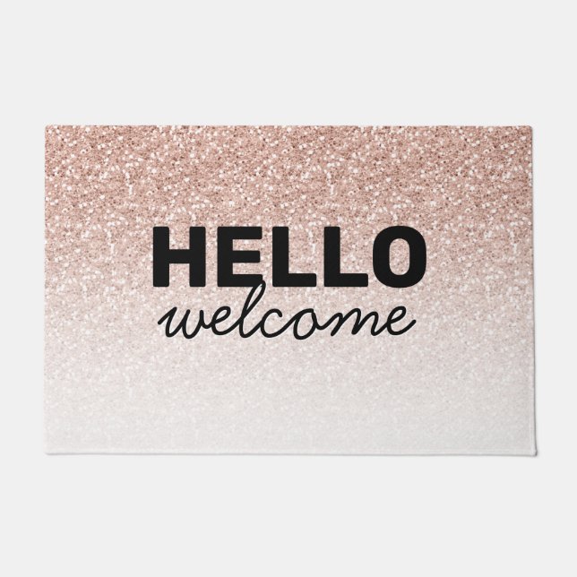 Pink Rose Gold Glitter Ombre Hello Welcome Doormat (Front)