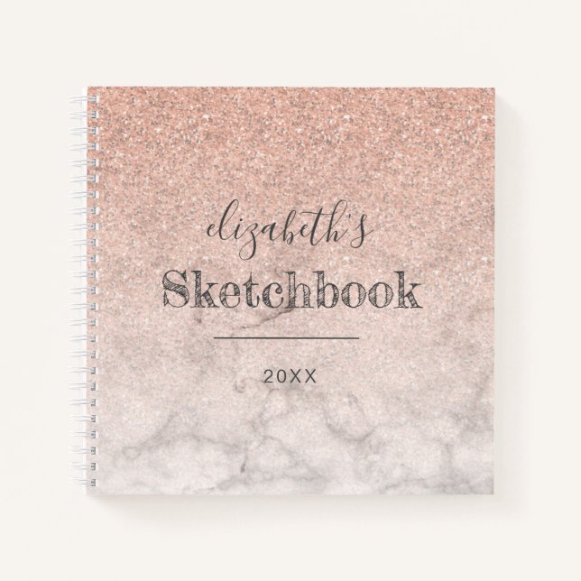 Pink Rose Gold Glitter Ombre Marble Sketchbook Notebook (Front)